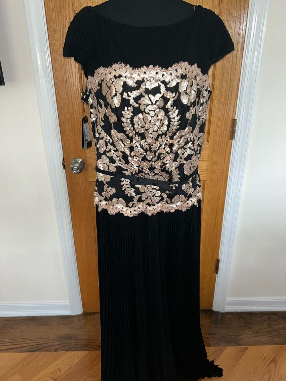 Tadashi Shoji Black and Gold Sequin Embroidered Bodice Pleated Evening Gown